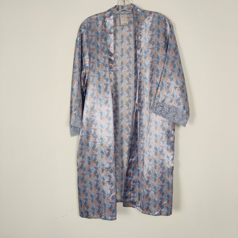 Leyla Women's Satin Robe Size L / XL Blue Cream Tiger Print Lace Feminine Night